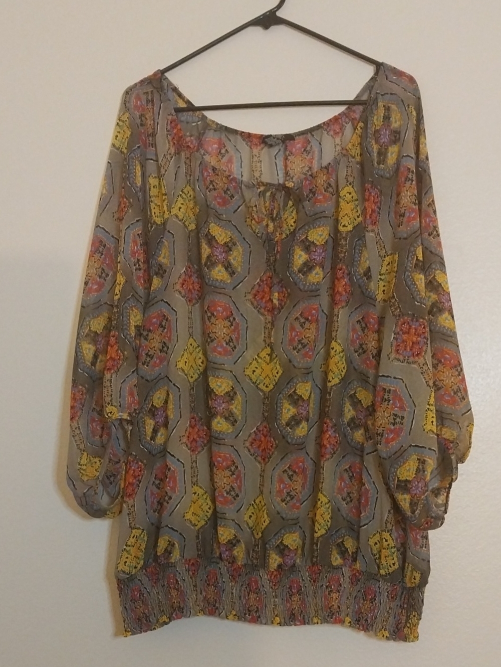Alfani Sheer Printed Boho Tunic in Gray, Yellow, Pink.